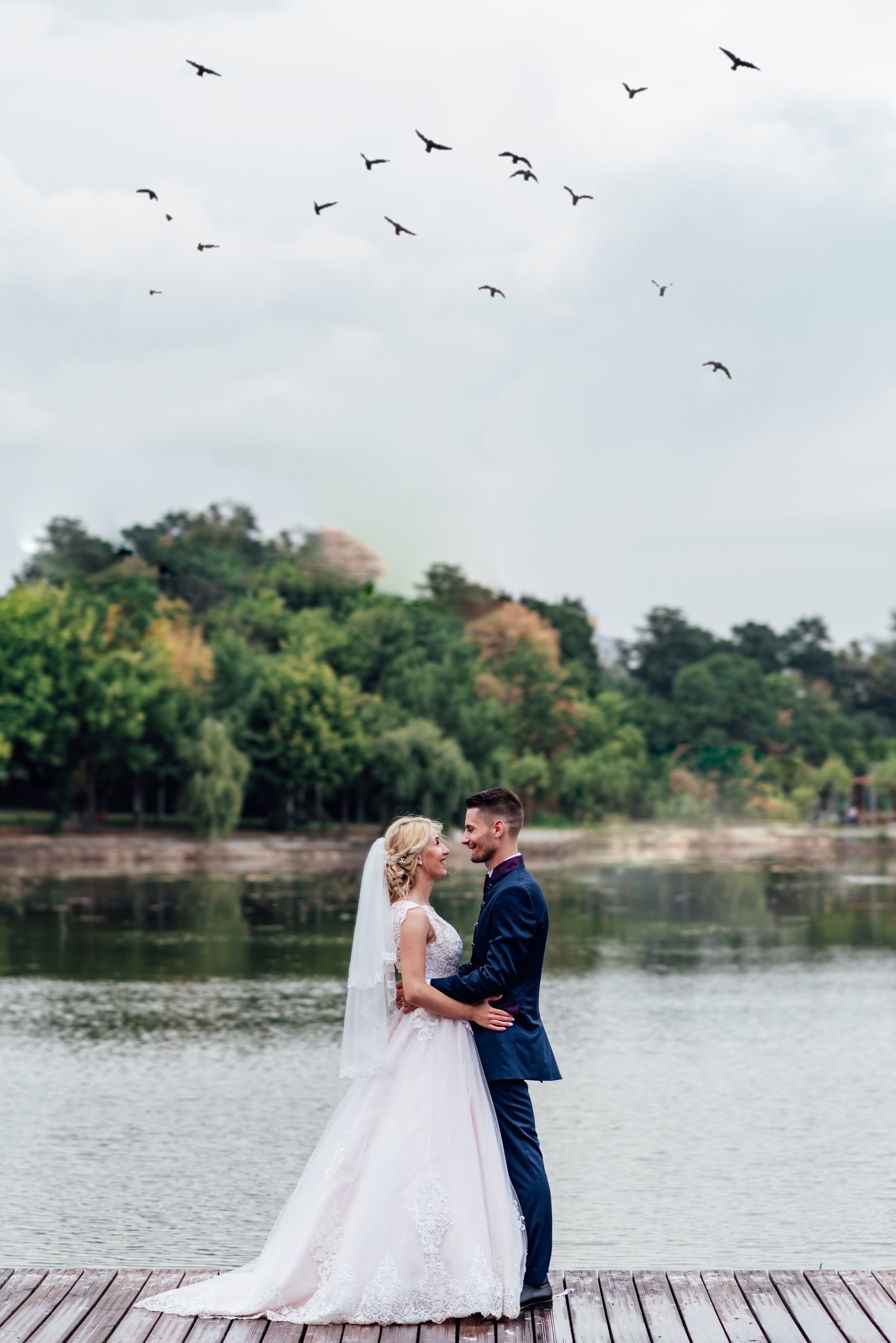 Newly married couple at a château wedding in France